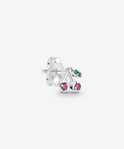 Cherries stud earring in sterling silver with cerise  and royal green crystal