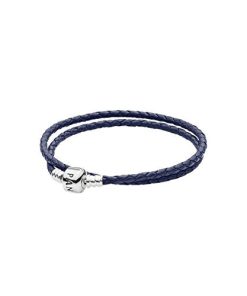 Silver leather bracelet. double dark blue