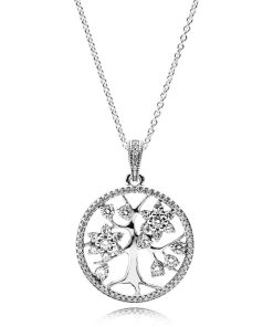 Family tree silver pendant with clear cubic zirconia and necklace