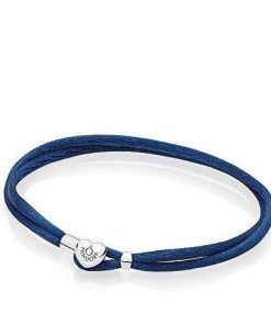 Silver double fabric cord bracelet. dark blue