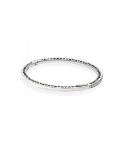 Silver bangle with silver enamel and clear cubic zirconia