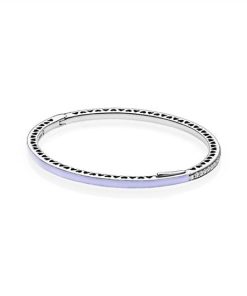Silver bangle with purple enamel and clear cubic zirconia