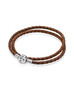 Silver leather bracelet. double
