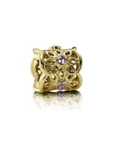 Openwork lace flower gold charm with pink sapphire