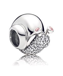 Snail silver charm with clear cubic zirconia and orchid pink crystal