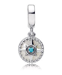 Compass rose silver dangle with silver enamel and cyan blue crystal