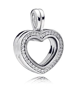 Heart floating locket silver dangle with clear cubic zirconia