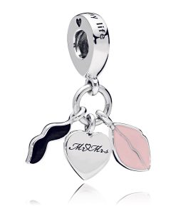 Mr and Mrs silver dangle with black and pink enamel