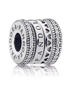 logo silver spinning charm with clear cubic zirconia