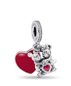 Mickey. Minnie and heart silver dangle with red and clear cubic zirconia and red enamel