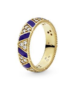 14k Gold Plated  ring with clear cubic zirconia and blue enamel