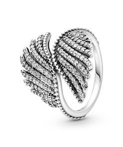 Phoenix feather silver ring with clear cubic zirconia