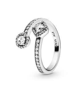 Open silver ring with clear cubic zirconia
