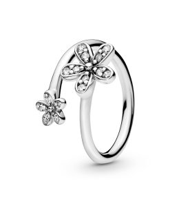 Open daisy silver ring with clear cubic zirconia