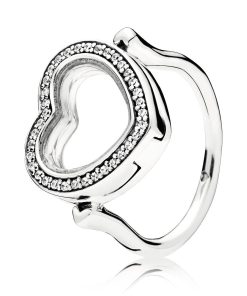 Heart floating locket silver ring with clear cubic zirconia