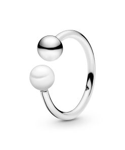 Open silver ring with white freshwater cultured pearl
