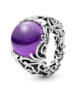 Regal pattern silver ring with purple cubic zirconia