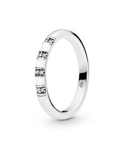 Silver ring with clear cubic zirconia and white enamel