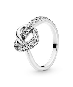 Knotted heart silver ring with clear cubic zirconia