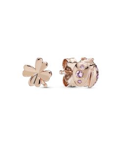 Ladybird and clover 14k Rose Gold-plated stud earrings with orchid pink and rose pink crystal