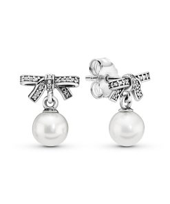 Bow silver earrings with freshwater cultured pearl and clear cubic zirconia