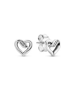Ribbon heart silver stud earrings with clear cubic zirconia