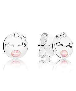 Winking emoticon silver stud earrings with pink enamel