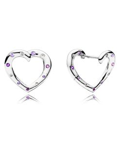 Heart silver hoop earrings with royal purple crystal. lilac crystal and clear cubic zirconia