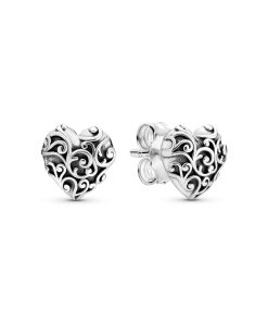 Regal pattern heart silver stud earrings