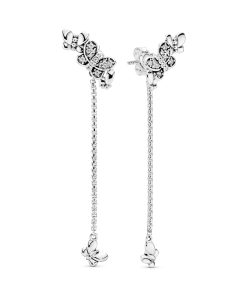 Butterflies silver stud earrings with clear cubic zirconia and detachable chain earring jackets