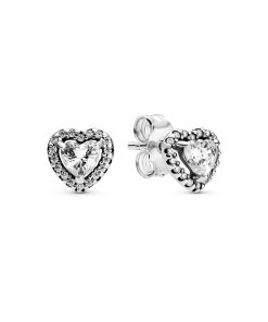 Heart sterling silver stud earrings with clear cubic zirconia