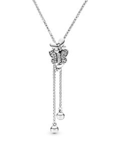 Butterfly silver Y-necklace with clear cubic zirconia and sliding clasp