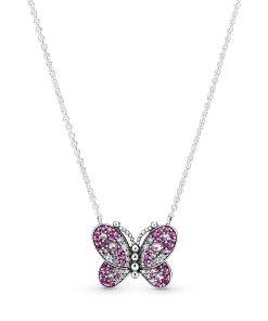 Butterfly silver collier with cerise crystal. pink mist crystal and clear cubic zirconia