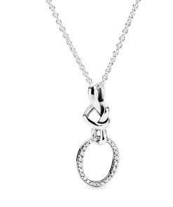 Knotted hearts silver pendant with clear cubic zirconia and necklace