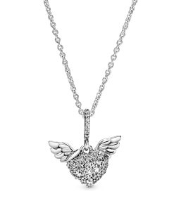 Heart and wings sterling silver pendant with clear cubic zirconia and necklace