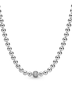 Beaded sterling silver necklace with clear cubic zirconia