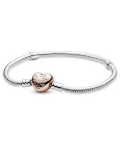 Silver bracelet with heart-shaped 14k Rose Gold-plated clasp