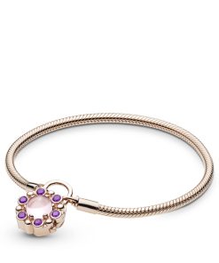 Rose snake chain bracelet and padlock clasp with pink mist and royal purple crystal