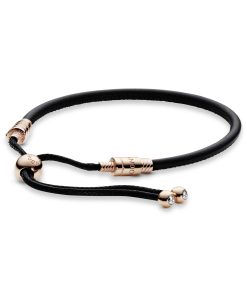 Rose sliding bracelet in black leather. waxed cord with clear cubic zirconia