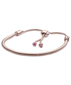 Moments Pink Peach Blossom Flower Snake Chain Slider Bracelet