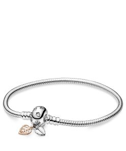Snake chain sterling silver bracelet with leaves silver and 14k Rose Gold-plated clasp with clear cubic zirconia