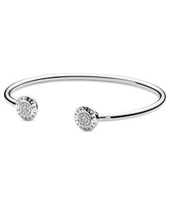 logo silver open bangle with clear cubic zirconia