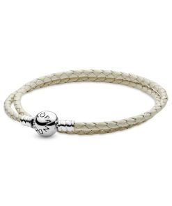 Silver leather bracelet. double. ivory white