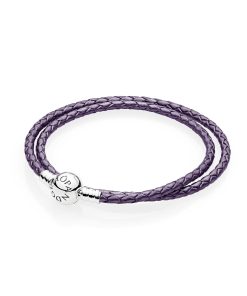 Silver leather bracelet. double. purple