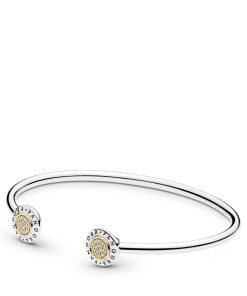 logo silver open bangle with 14k and clear cubic zirconia
