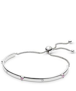 Silver bar bracelet with fancy fuchsia pink cubic zirconia and clear cubic zirconia
