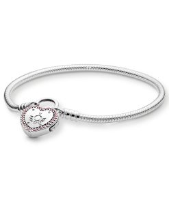 Snake chain silver bracelet and logo padlock clasp with fancy fuchsia pink cubic zirconia