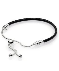 Silver sliding bracelet with black leather and clear cubic zirconia