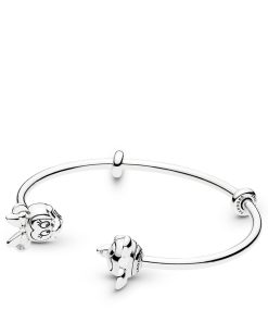 open silver bangle with silicone stoppers and Mickey & Minnie interchangeable end caps