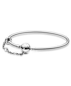 Silver bangle with clear cubic zirconia and chain with clip detail